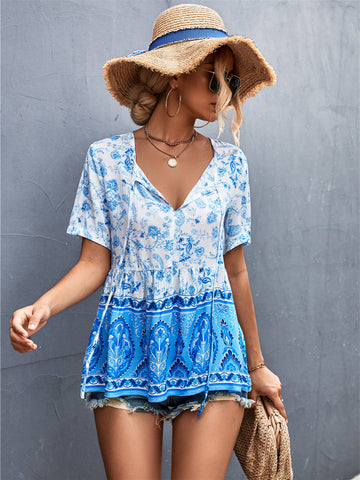 Selling Boho V-Neck Tie Positioning Floral Tops Aosig